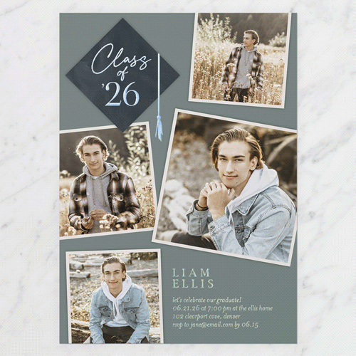 Tassel Snapshots Graduation Invitation, Iridescent Foil, Green, 5x7, Matte, Personalized Foil Cardstock, Square, Mantis