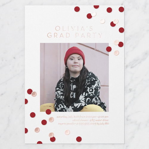 Collegiate Confetti Graduation Invitation, White, Rose Gold Foil, 5x7, Write Your Own, Matte, Personalized Foil Cardstock, Square