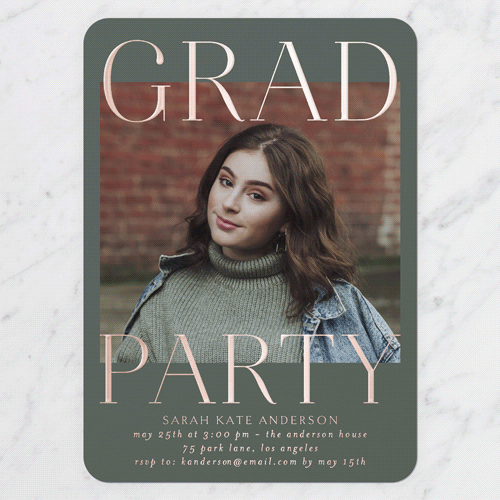 Proud Type Graduation Invitation, Green, Rose Gold Foil, 5x7, Matte, Personalized Foil Cardstock, Rounded, Hunter