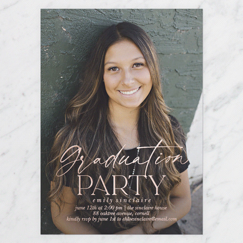 Graceful Designation Graduation Invitation, Rose Gold Foil, White, 5x7, Matte, Personalized Foil Cardstock, Square