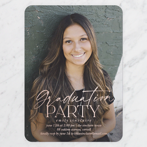 Graceful Designation Graduation Invitation, Rose Gold Foil, White, 5x7, Matte, Personalized Foil Cardstock, Rounded, White