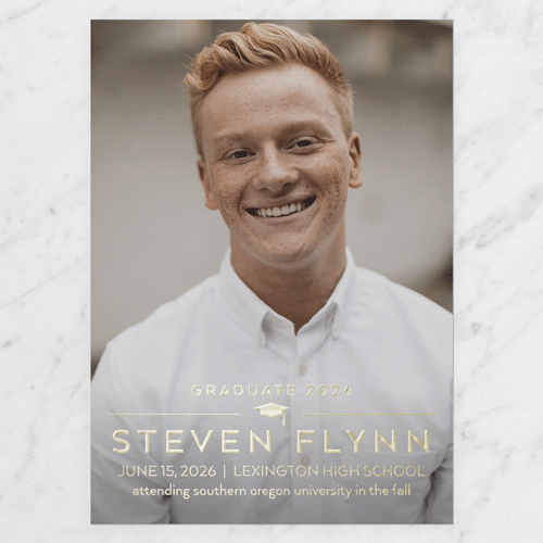 Modern Line Grad Graduation Announcement, White, Gold Foil, 5x7, Write Your Own, Matte, Personalized Foil Cardstock, Square, White