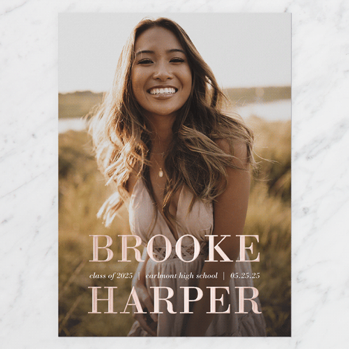 Basic Namesake Graduation Announcement, White, Rose Gold Foil, 5x7, Write Your Own, Matte, Personalized Foil Cardstock, Square