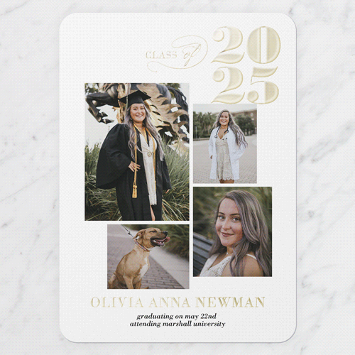 Graceful Class Graduation Announcement, White, Gold Foil, 5x7, Matte, Personalized Foil Cardstock, Rounded