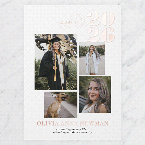 Graceful Class Graduation Announcement, Rose Gold Foil, White, 5x7, Matte, Personalized Foil Cardstock, Square, White
