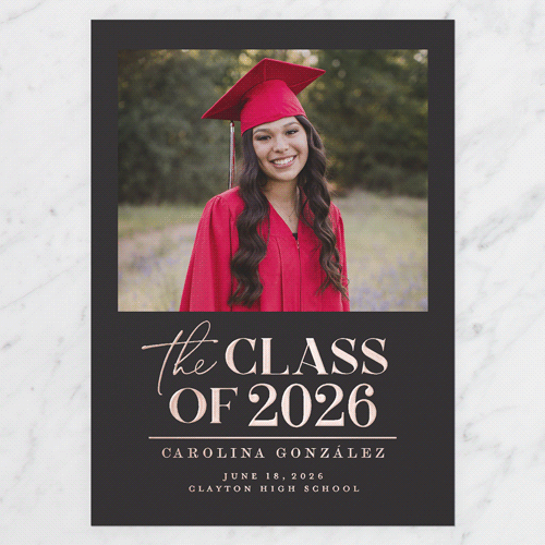 Classic Class Showcase Graduation Announcement, Rose Gold Foil, Grey, 5x7, Matte, Personalized Foil Cardstock, Square, Charcoal