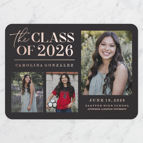 Classic Class Showcase Graduation Announcement, Rose Gold Foil, Grey, 5x7, Matte, Personalized Foil Cardstock, Rounded, Charcoal