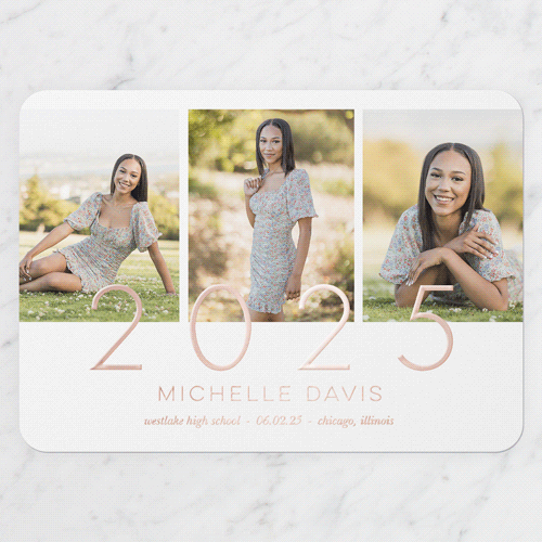 Remarkably Radiant Graduation Announcement, Rose Gold Foil, White, 5x7, Matte, Personalized Foil Cardstock, Rounded