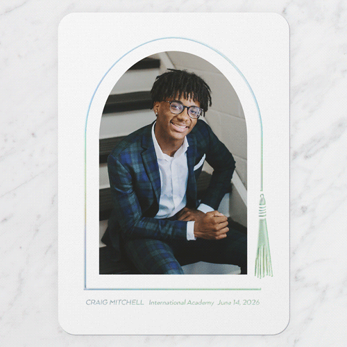 Tassel Border Graduation Announcement, Iridescent Foil, Black, 5x7, Write Your Own, Matte, Personalized Foil Cardstock, Rounded, Black