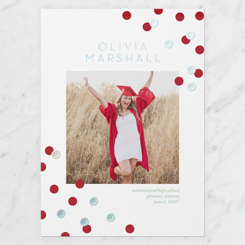 Collegiate Confetti Graduation Announcement, White, Iridescent Foil, 5x7, Write Your Own, Matte, Personalized Foil Cardstock, Square, White