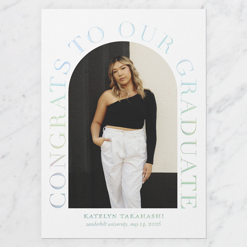 Celebrated Arch Graduation Announcement, Iridescent Foil, White, 5x7, Matte, Personalized Foil Cardstock, Square, White