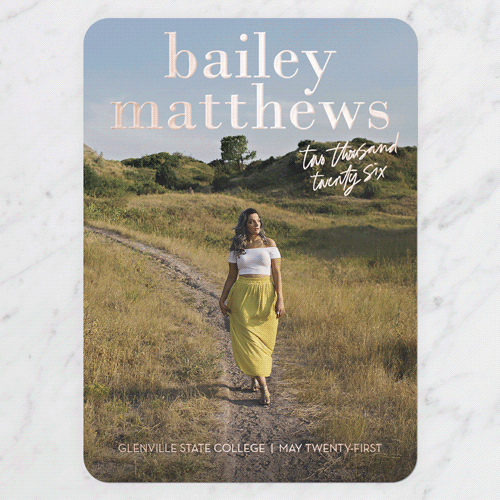 Fresh Focus Graduation Announcement, Rose Gold Foil, White, 5x7, Matte, Personalized Foil Cardstock, Rounded, White