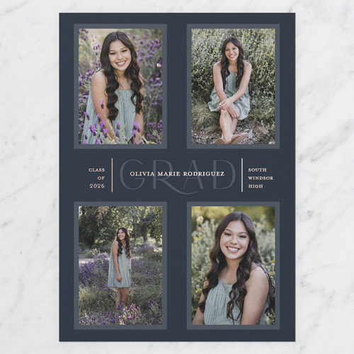 Focus Grad Graduation Announcement, Blue, Rose Gold Foil, 5x7, Matte, Personalized Foil Cardstock, Square, Navy
