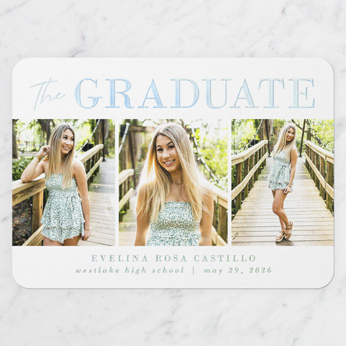 Shining Style Graduation Announcement, Iridescent Foil, Green, 5x7, Matte, Personalized Foil Cardstock, Rounded, Sage