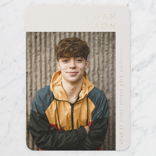 Corner Expression Graduation Announcement, Grey, Gold Foil, 5x7, Write Your Own, Matte, Personalized Foil Cardstock, Rounded, Whisper Gray