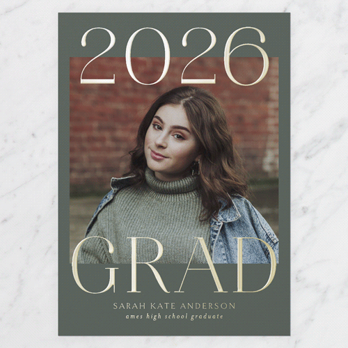 Proud Type Graduation Announcement, Green, Gold Foil, 5x7, Matte, Personalized Foil Cardstock, Square, Hunter