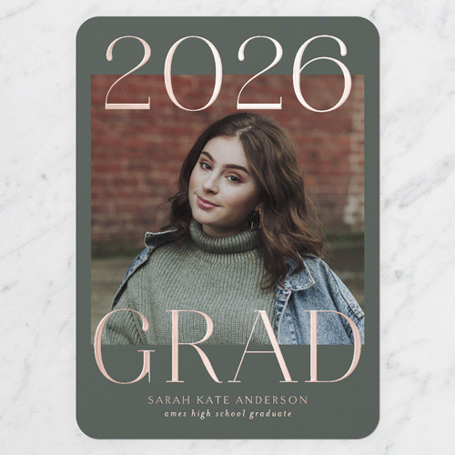 Proud Type Graduation Announcement, Green, Rose Gold Foil, 5x7, Matte, Personalized Foil Cardstock, Rounded, Hunter