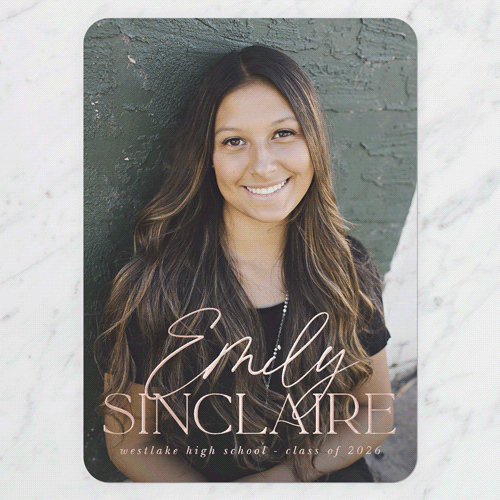 Graceful Designation Graduation Announcement, Rose Gold Foil, White, 5x7, Matte, Personalized Foil Cardstock, Rounded, White