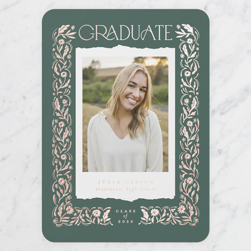Flowery Architecture Graduation Announcement, Rounded Corners, -Grey-Rose Gold Foil-5x7 Digital Foil Card-2025