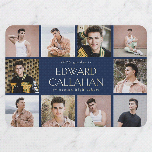 Editable Grad Grid Graduation Announcement, Gold Foil, Grey, 5x7, Matte, Personalized Foil Cardstock, Rounded, Whisper Gray