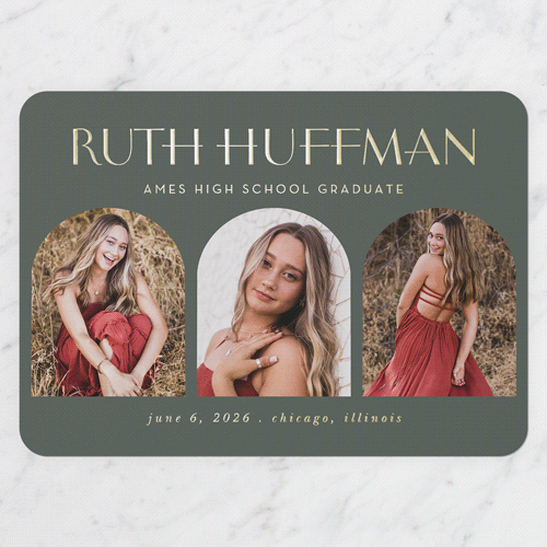 Varied Arches Graduation Announcement, Gold Foil, Green, 5x7, Matte, Personalized Foil Cardstock, Rounded, Green