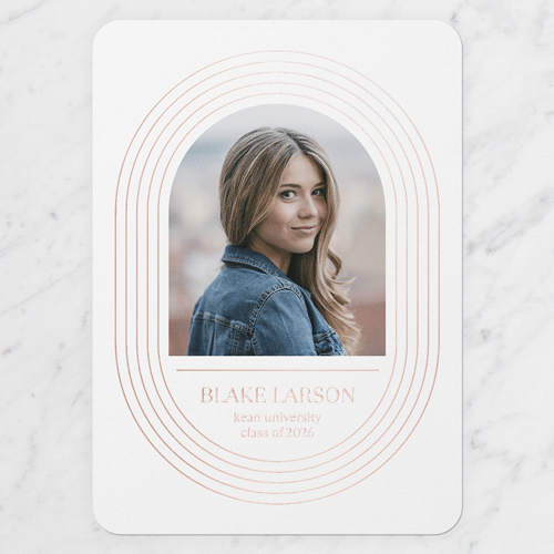 Elaborate Oval Graduation Announcement, White, Rose Gold Foil, 5x7, Matte, Personalized Foil Cardstock, Rounded, White