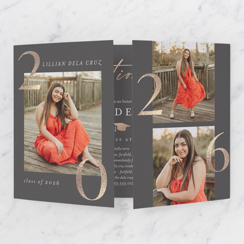 Gleaming Graduate Graduation Invitation, Grey, Gate Fold, Pearl Shimmer Cardstock, Square, Charcoal