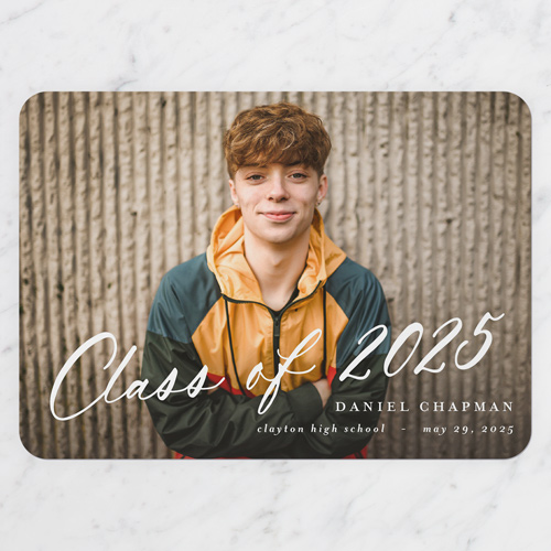Iconic Script Graduation Announcement, White, 5x7 Flat, 100% Recycled Cardstock , Rounded