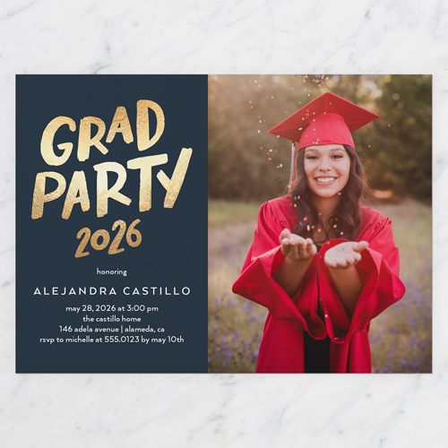 Collegiate Celebration Graduation Invitation, Blue, 5x7 Flat, Pearl Shimmer Cardstock, Square, Navy