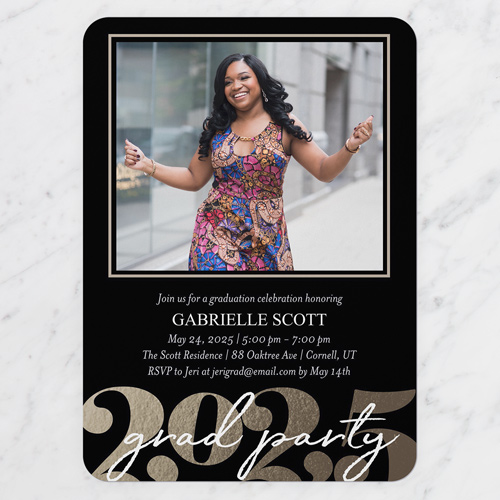 Strong Year Graduation Invitation, Black, 5x7 Flat, Pearl Shimmer Cardstock, Rounded