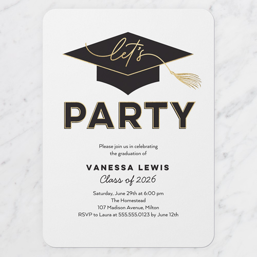 Party Cap Graduation Invitation, White, 5x7 Flat, 100% Recycled Cardstock , Rounded, White