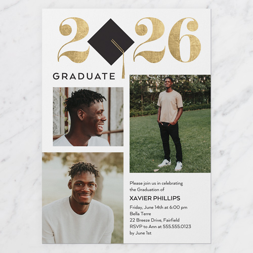 Iconic Cap Graduation Invitation, White, 5x7 Flat, 100% Recycled Cardstock , Square, White