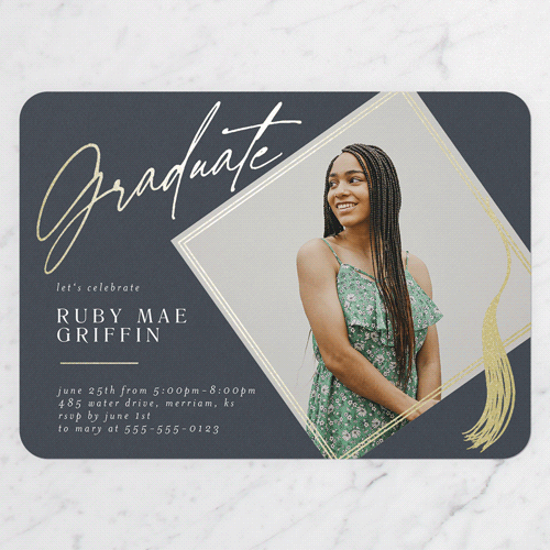 Captivating Tassel Graduation Invitation, Gold Foil, Grey, 5x7 Flat, Pearl Shimmer Cardstock, Rounded, Blue Slate