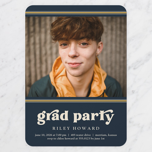 Retro Disciple Graduation Invitation, Blue, 5x7 Flat, 100% Recycled Cardstock , Rounded, Navy