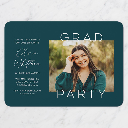Daring Color Graduation Invitation, Blue, 5x7 Flat, Pearl Shimmer Cardstock, Rounded, Deep Sea
