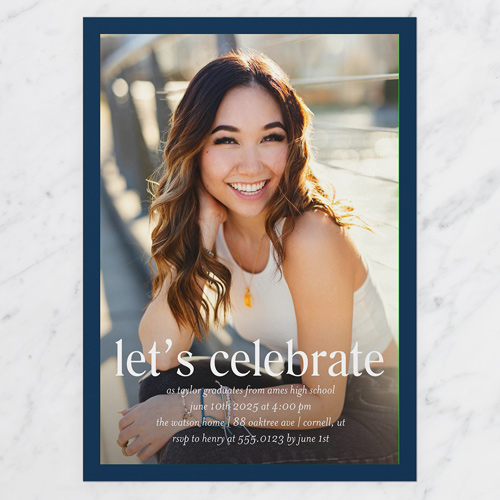Modest Frame Graduation Invitation, Blue, 5x7 Flat, Write Your Own, Pearl Shimmer Cardstock, Square