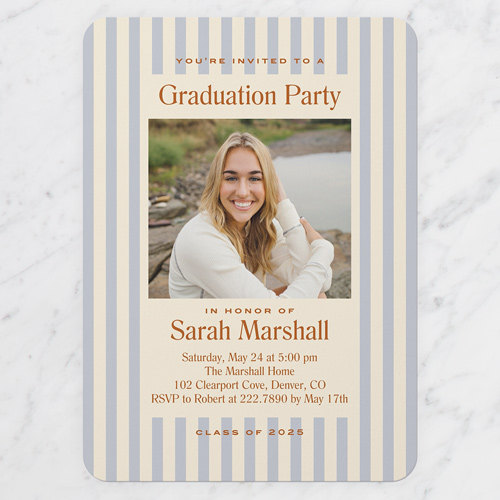 Vintage Stripes Graduation Invitation, Blue, 5x7 Flat, Write Your Own, Pearl Shimmer Cardstock, Rounded