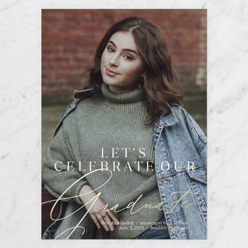 Name Overlay Graduation Invitation, White, Gold Foil, 5x7 Flat, Pearl Shimmer Cardstock, Square, White