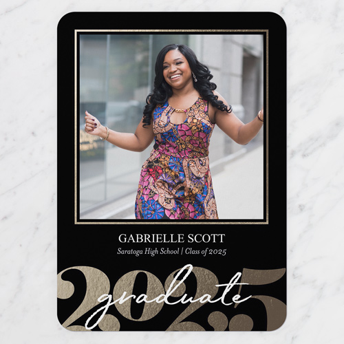 Antique Grad Graduation Announcement, Black, 5x7 Flat, Pearl Shimmer Cardstock, Rounded