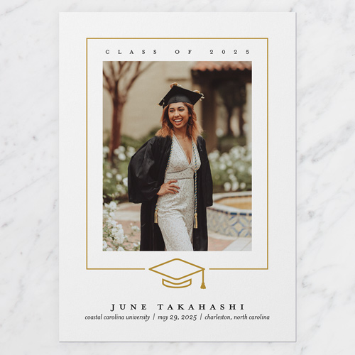 Lined Cap Graduation Announcement, White, 5x7 Flat, 100% Recycled Cardstock , Square
