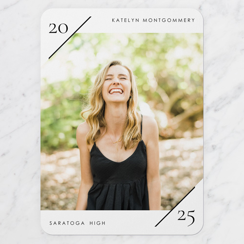 Scholarly Slash Graduation Announcement, White, 5x7 Flat, Pearl Shimmer Cardstock, Rounded