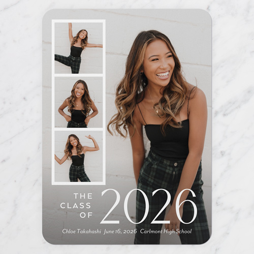 Filmstrip Gallery Graduation Announcement, White, 5x7 Flat, 100% Recycled Cardstock , Rounded, White