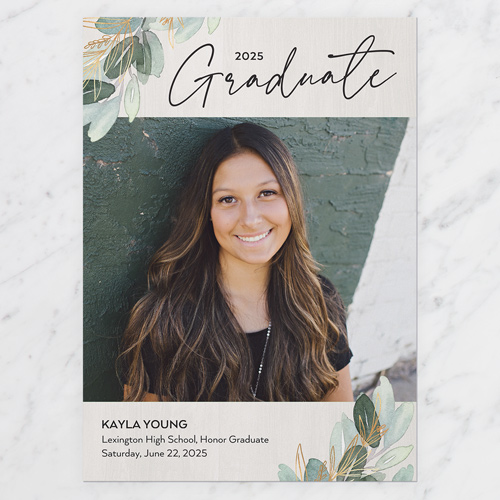 Leafy Corners Graduation Announcement, Gray, 5x7 Flat, Standard Smooth Cardstock, Square