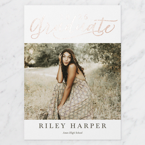 Exultant Grad Graduation Announcement, Rose Gold Foil, White, 5x7 Flat, Luxe Double-Thick Cardstock, Square, White