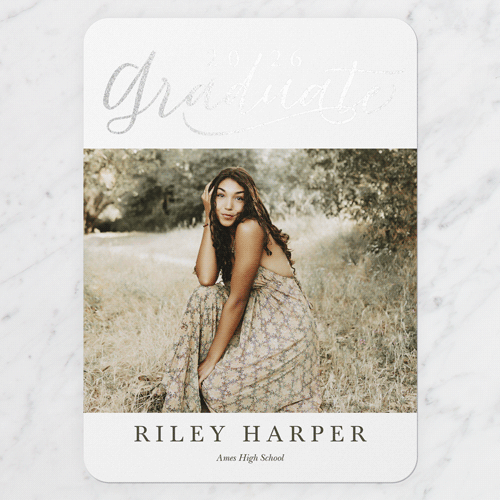 Exultant Grad Graduation Announcement, White, Silver Foil, 5x7 Flat, Matte, Signature Smooth Cardstock, Rounded, White