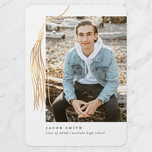 Drawn Tassel Graduation Announcement, Blue, 5x7 Flat, Write Your Own, Pearl Shimmer Cardstock, Rounded, Navy