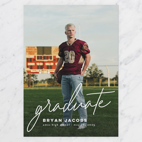 Script Grad Graduation Announcement, White, 5x7 Flat, 100% Recycled Cardstock , Square