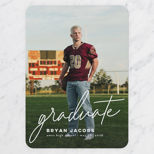 Script Grad Graduation Announcement, White, 5x7 Flat, Pearl Shimmer Cardstock, Rounded, White