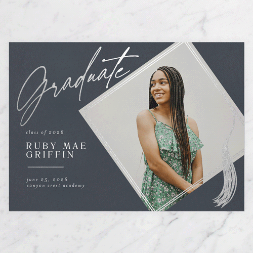 Captivating Tassel Graduation Announcement, Silver Foil, Grey, 5x7 Flat, Pearl Shimmer Cardstock, Square, Blue Slate