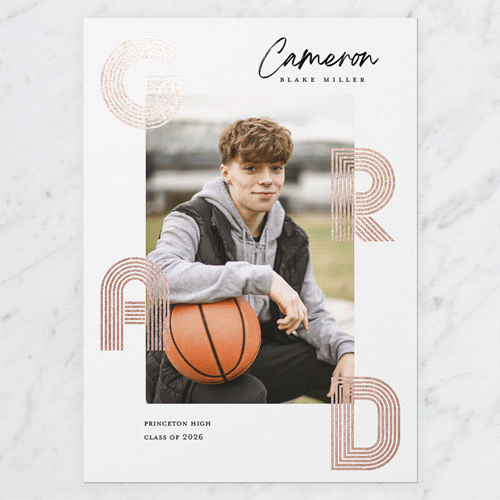 Stand Out Celebration Graduation Announcement, White, Rose Gold Foil, 5x7 Flat, Pearl Shimmer Cardstock, Square, White